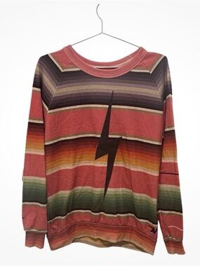 Aviator Nation Coral Multicolor Striped Crewneck with Lightning Bolt